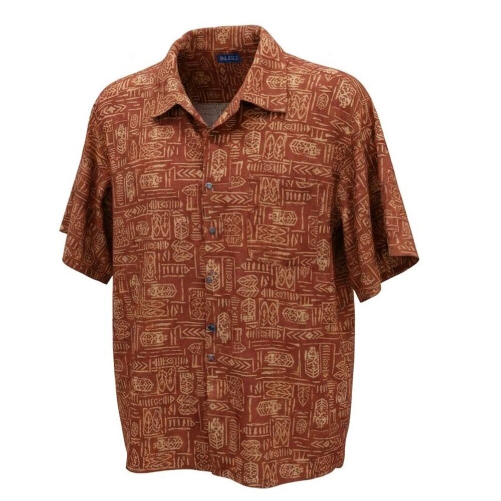 Bleu Button Up Hawaiian Shirt 2XL Red Orange Cotton Short Sleeve Pocket Tropic